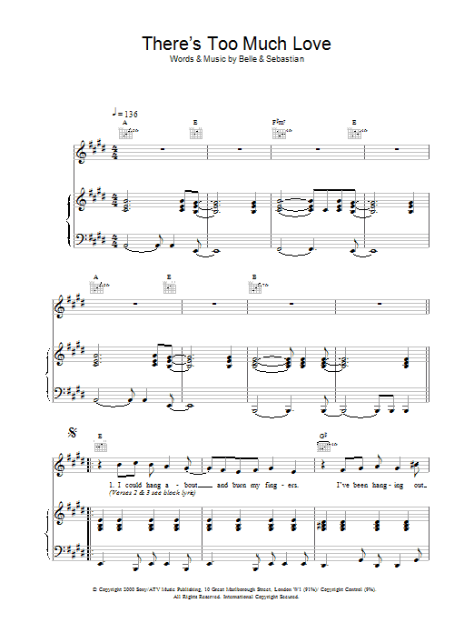 Belle And Sebastian There's Too Much Love sheet music notes and chords arranged for Piano, Vocal & Guitar Chords