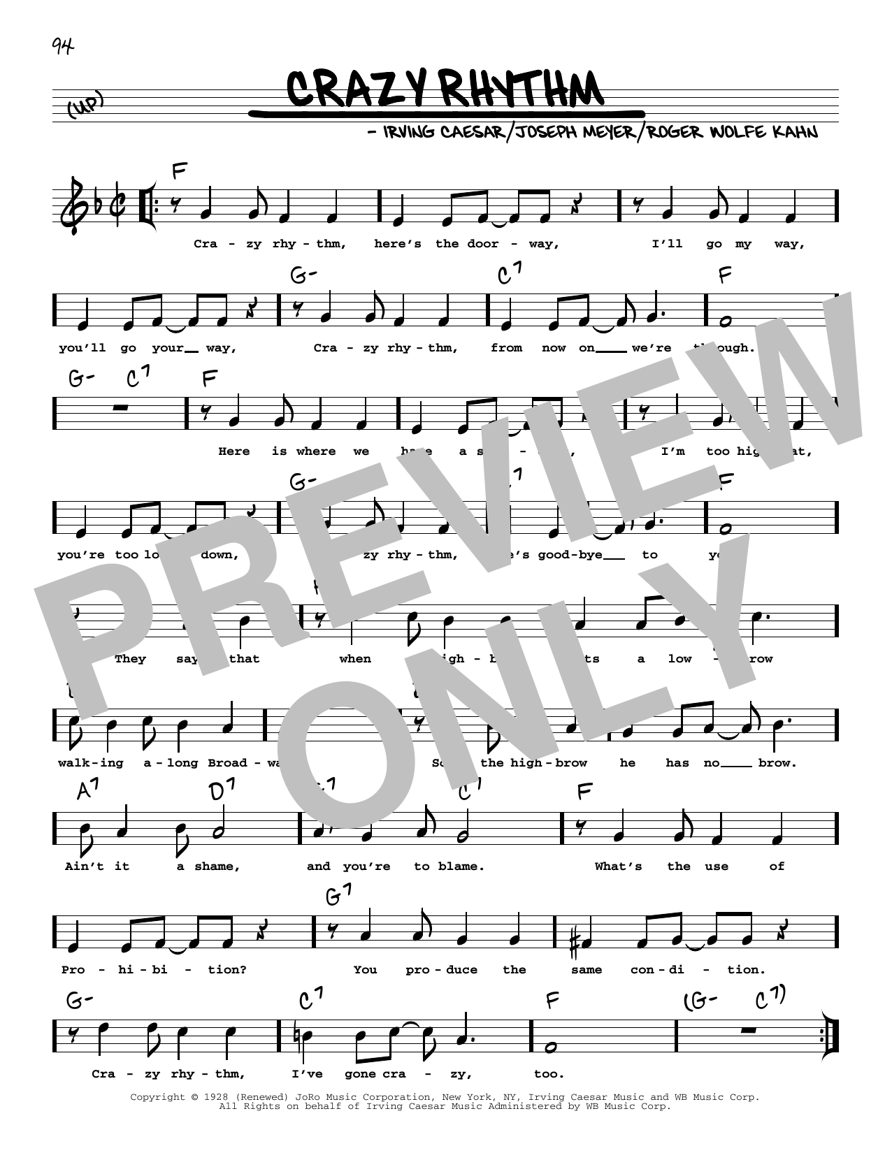 Ben Bernie Crazy Rhythm (arr. Robert Rawlins) sheet music notes and chords arranged for Real Book – Melody, Lyrics & Chords