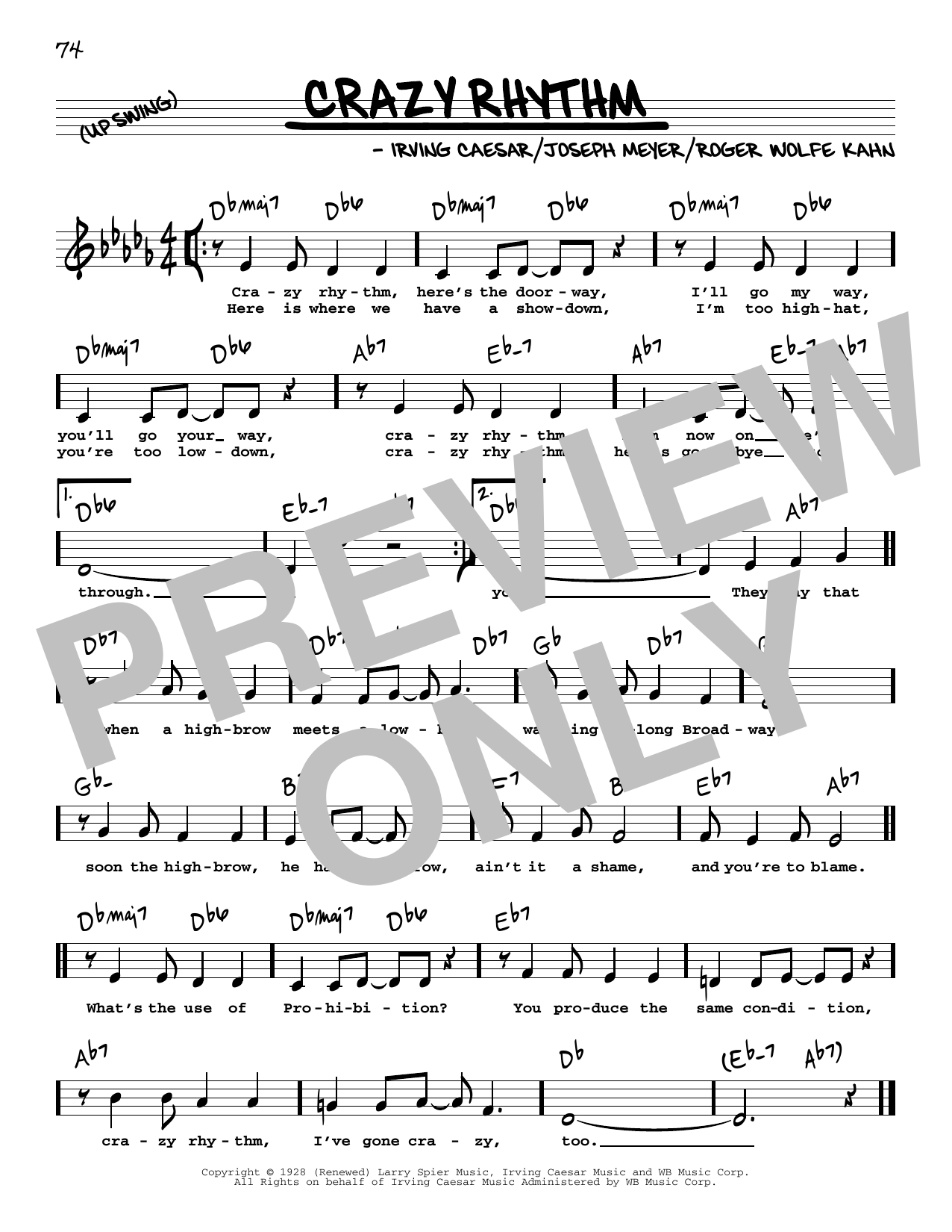 Ben Bernie Crazy Rhythm (Low Voice) sheet music notes and chords arranged for Real Book – Melody, Lyrics & Chords