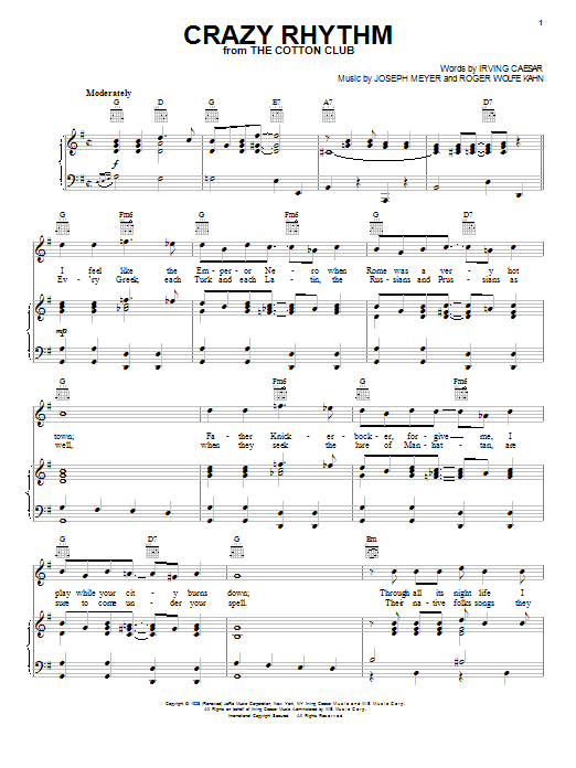 Ben Bernie Crazy Rhythm sheet music notes and chords arranged for Piano, Vocal & Guitar Chords (Right-Hand Melody)