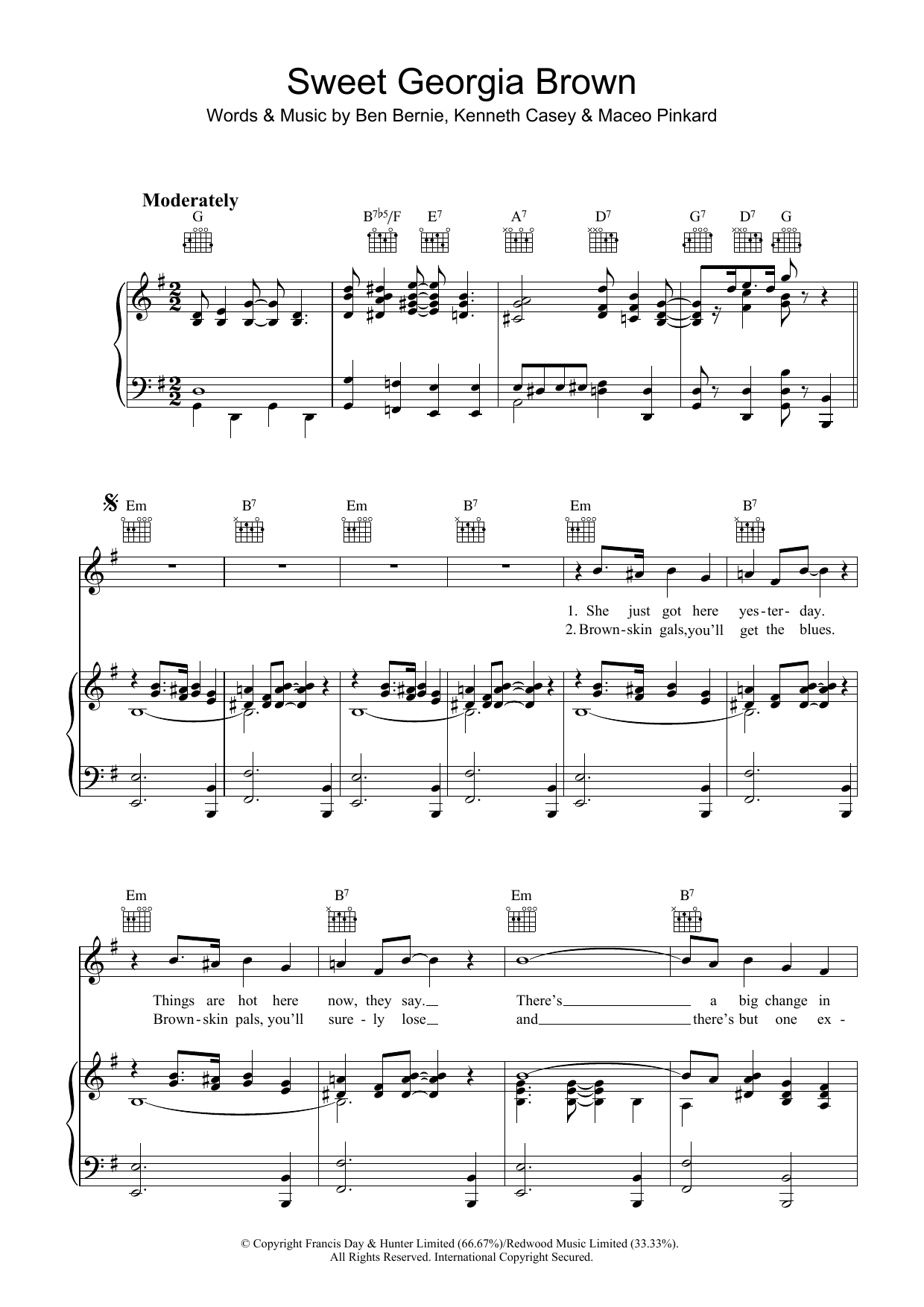 Ben Bernie Sweet Georgia Brown sheet music notes and chords arranged for Piano, Vocal & Guitar Chords