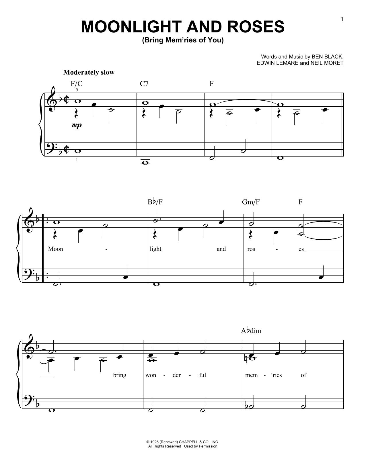 Ben Black Moonlight And Roses (Bring Mem'ries Of You) sheet music notes and chords arranged for Easy Piano