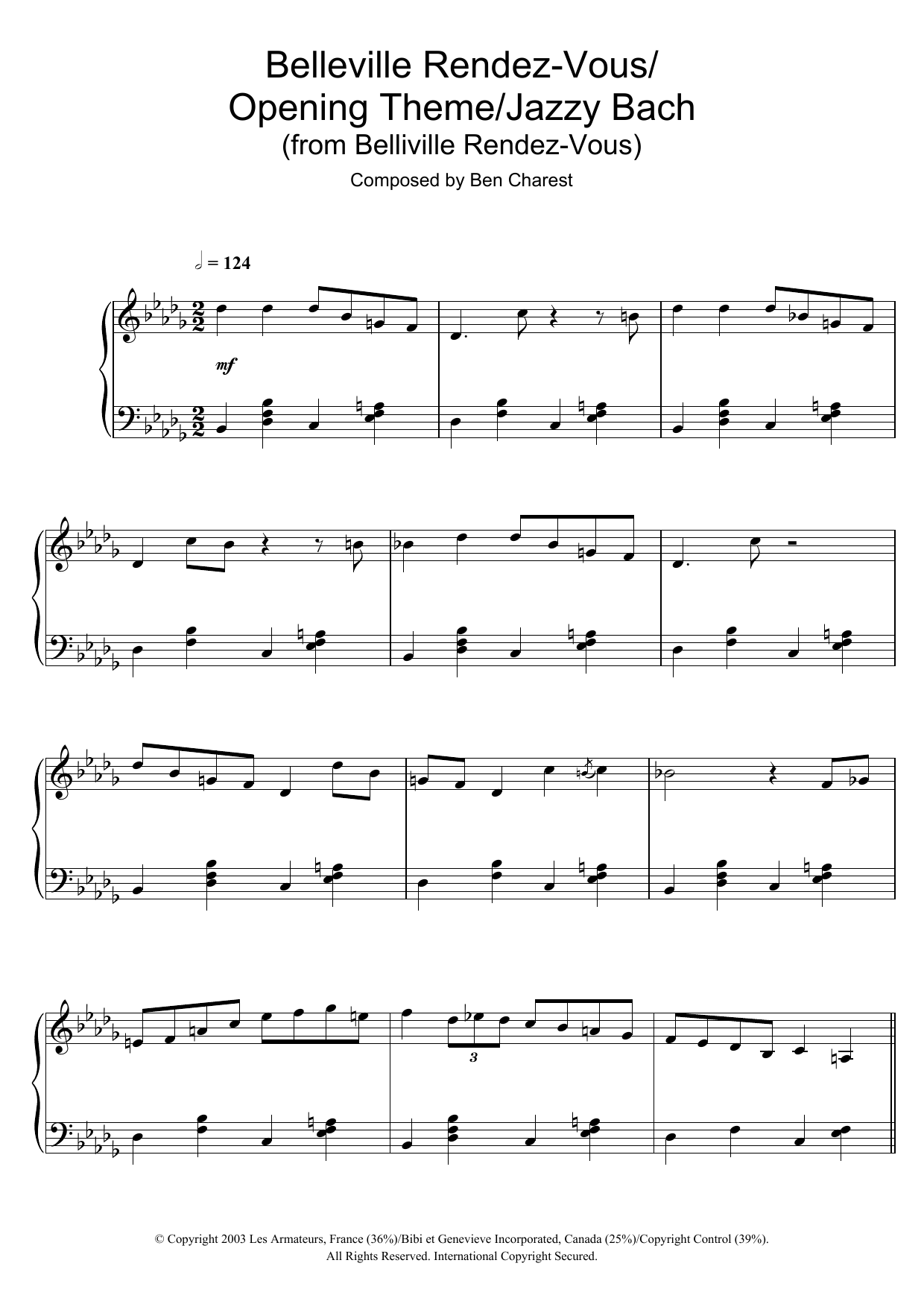 Ben Charest Belleville Rendez-Vous (Belleville Rendez-Vous/Opening Theme/Jazzy Bach) sheet music notes and chords arranged for Piano Solo
