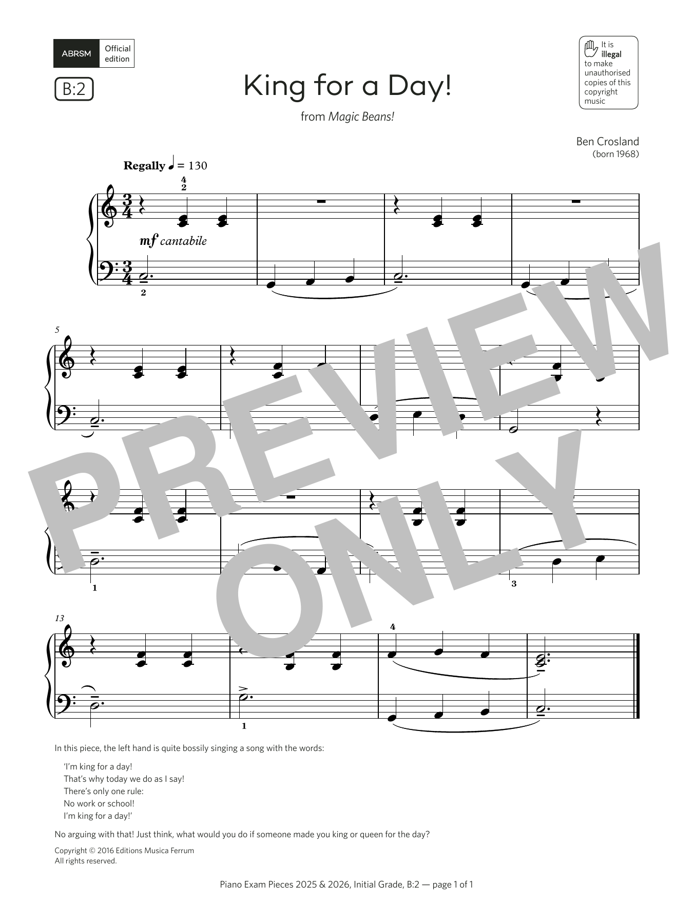 Ben Crosland King for a Day! (Grade Initial, list B2, from the ABRSM Piano Syllabus 2025 & 2026) sheet music notes and chords arranged for Piano Solo