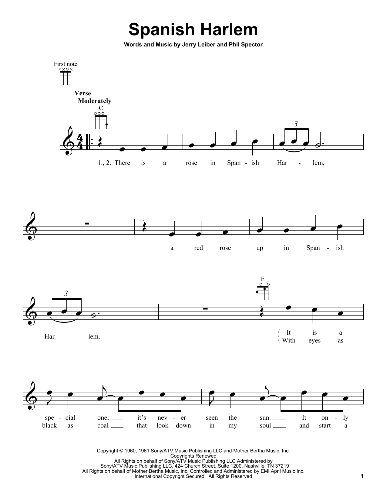 Ben E. King Spanish Harlem sheet music notes and chords arranged for Real Book – Melody, Lyrics & Chords