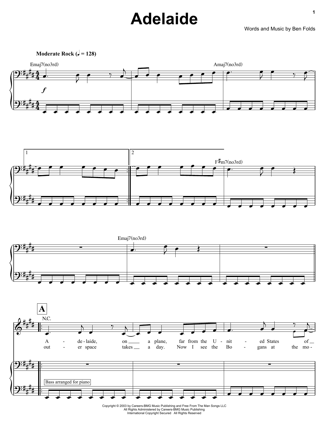 Ben Folds Adelaide sheet music notes and chords arranged for Keyboard Transcription