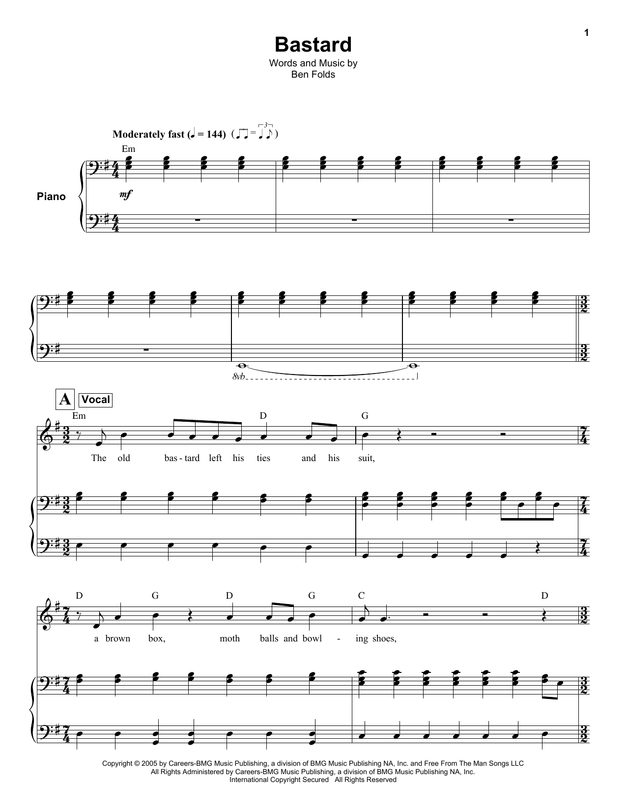 Ben Folds Bastard sheet music notes and chords arranged for Keyboard Transcription