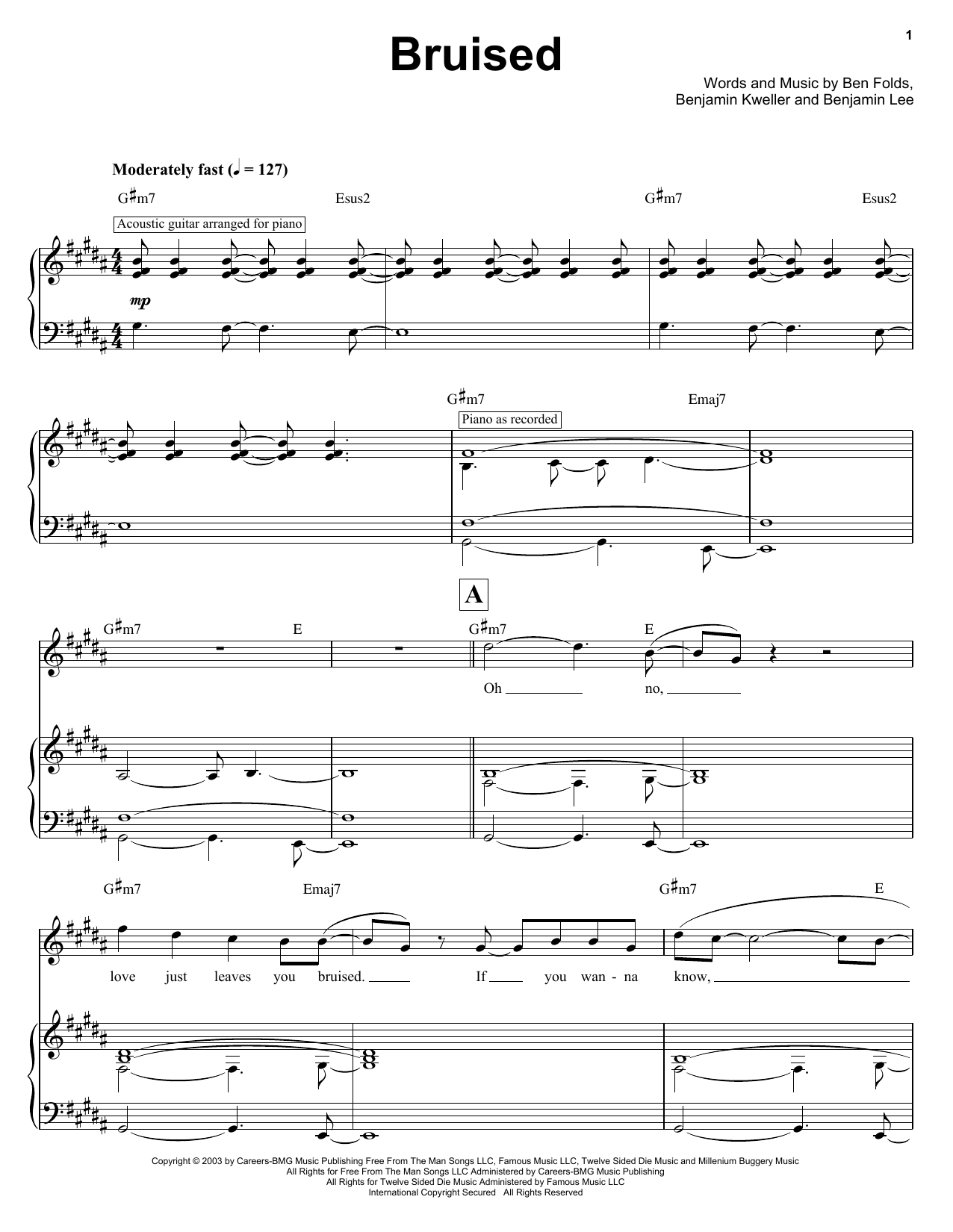 Ben Folds Bruised sheet music notes and chords arranged for Keyboard Transcription