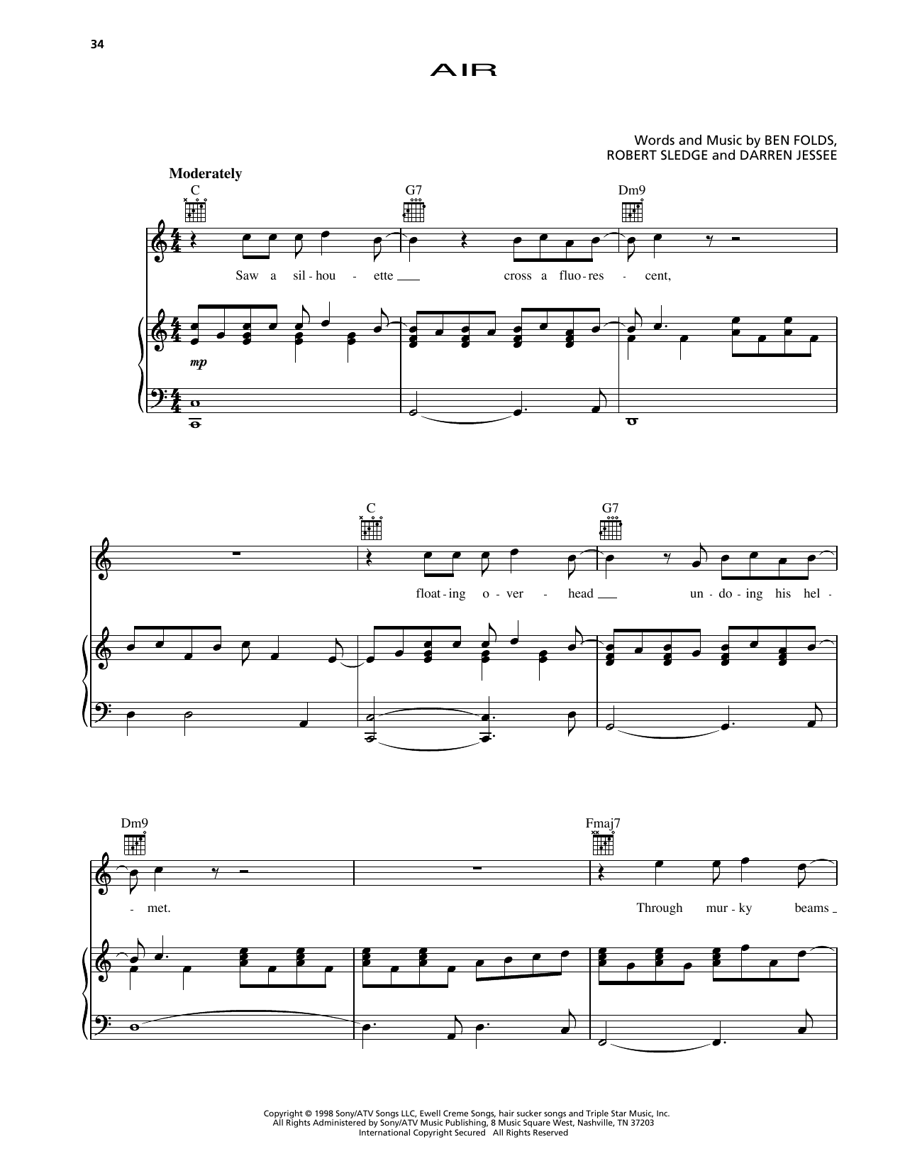 Ben Folds Five Air sheet music notes and chords arranged for Piano, Vocal & Guitar Chords (Right-Hand Melody)