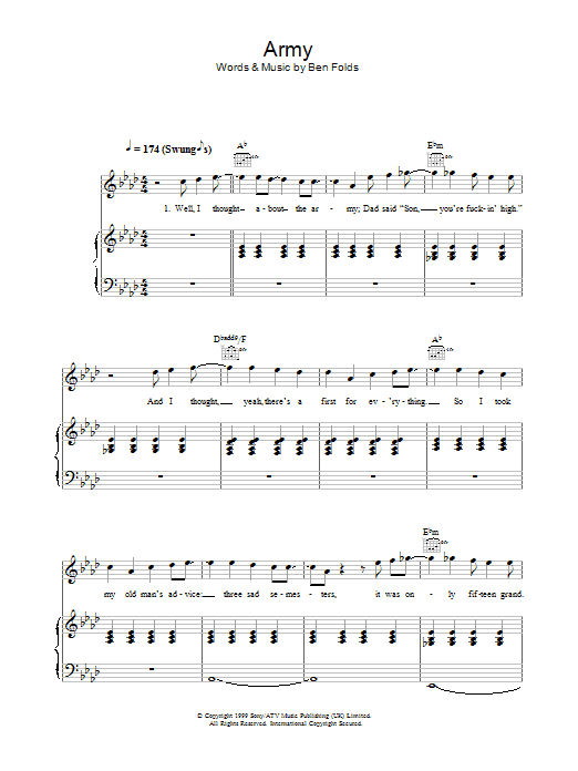 Ben Folds Five Army sheet music notes and chords arranged for Piano, Vocal & Guitar Chords
