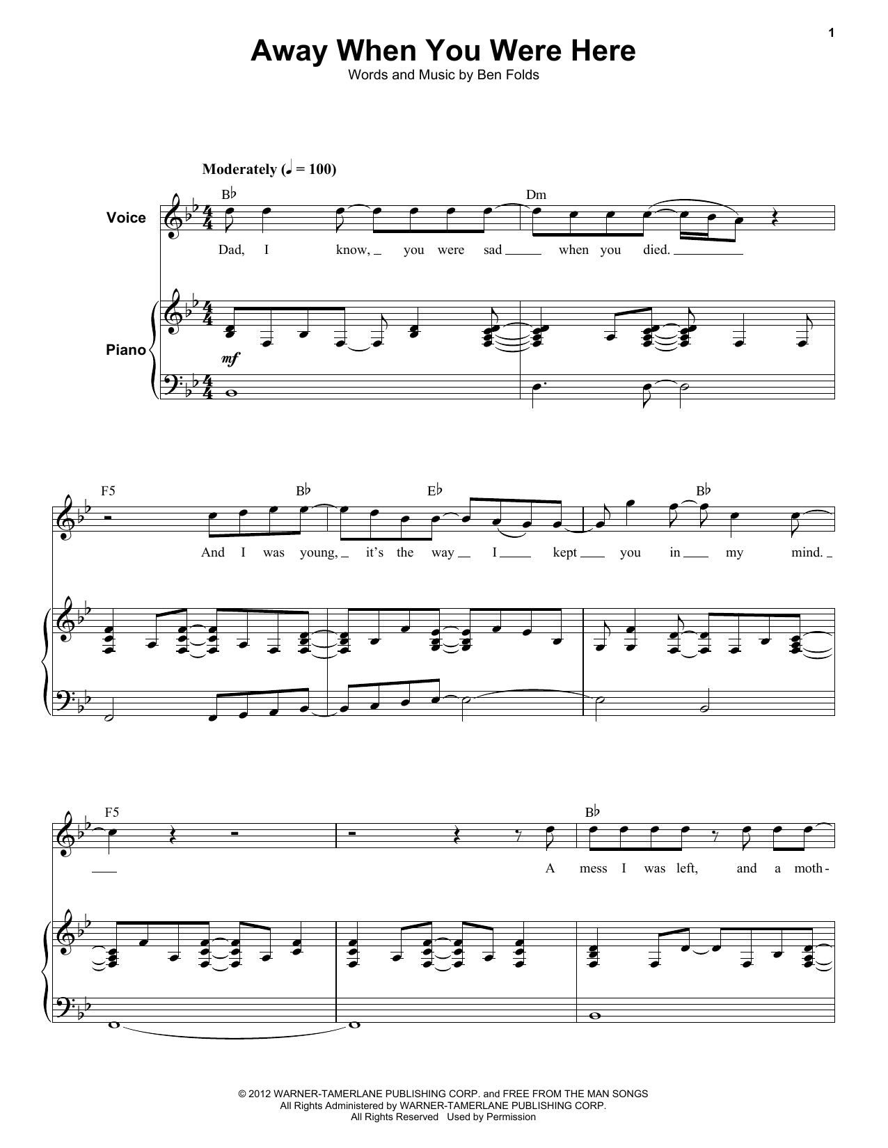 Ben Folds Five Away When You Were Here sheet music notes and chords arranged for Keyboard Transcription