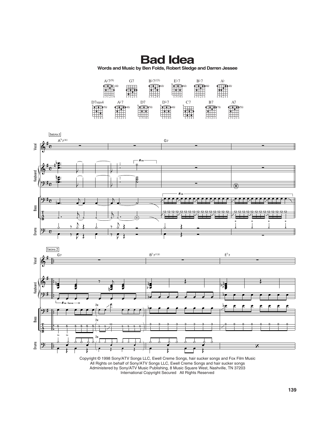 Ben Folds Five Bad Idea sheet music notes and chords arranged for Transcribed Score