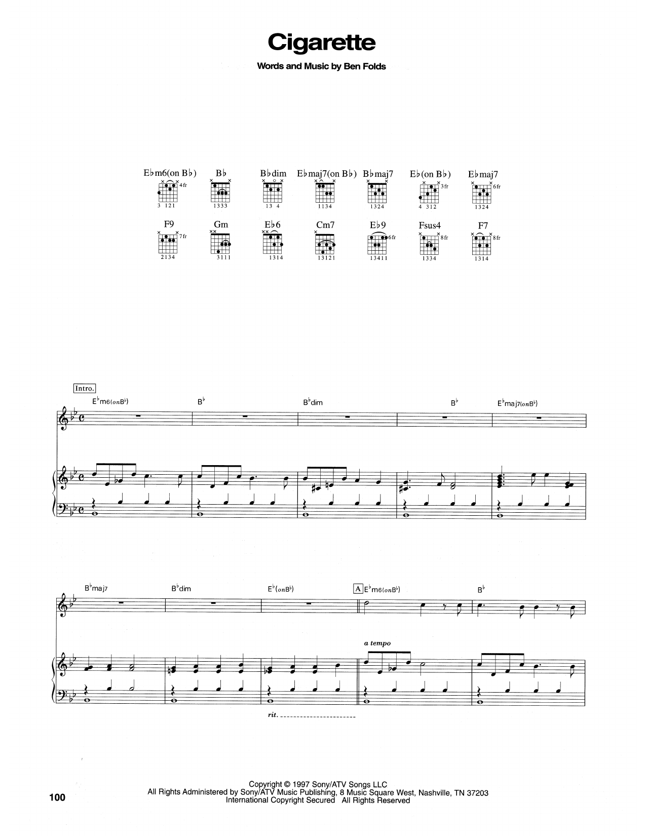 Ben Folds Five Cigarette sheet music notes and chords arranged for Transcribed Score