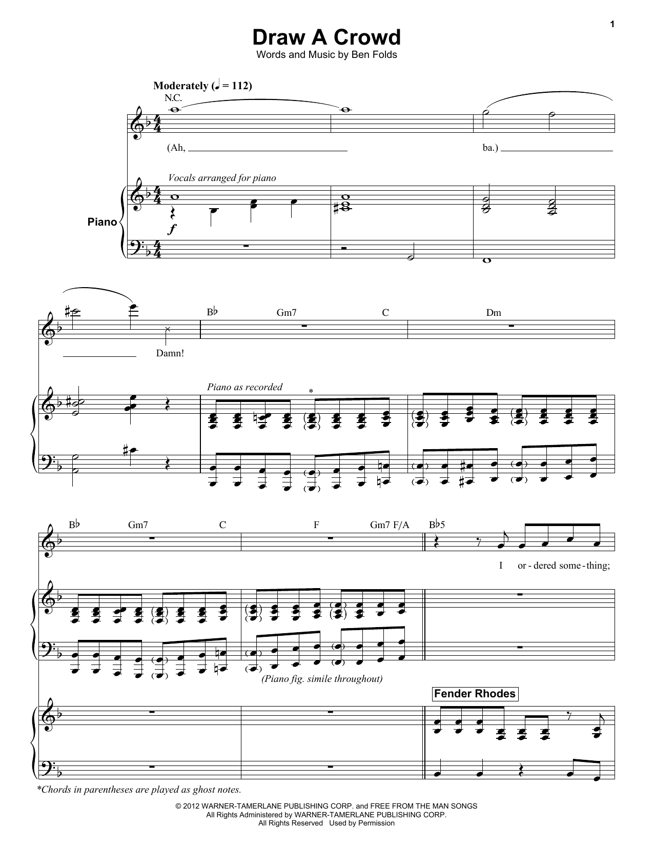 Ben Folds Five Draw A Crowd sheet music notes and chords arranged for Keyboard Transcription