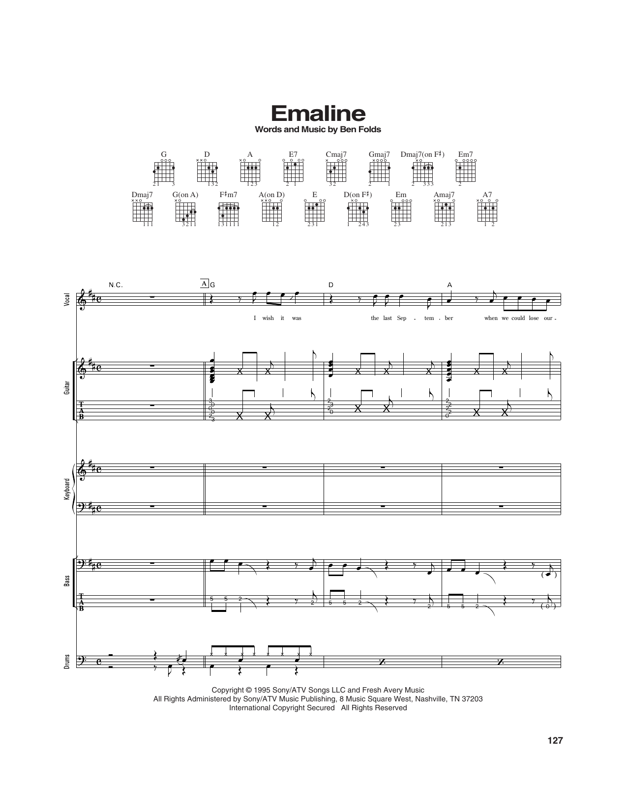 Ben Folds Five Emaline sheet music notes and chords arranged for Transcribed Score