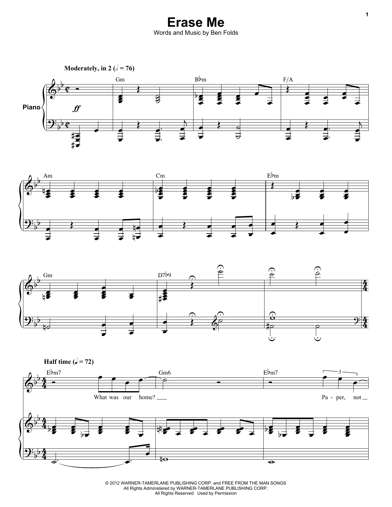 Ben Folds Five Erase Me sheet music notes and chords arranged for Keyboard Transcription