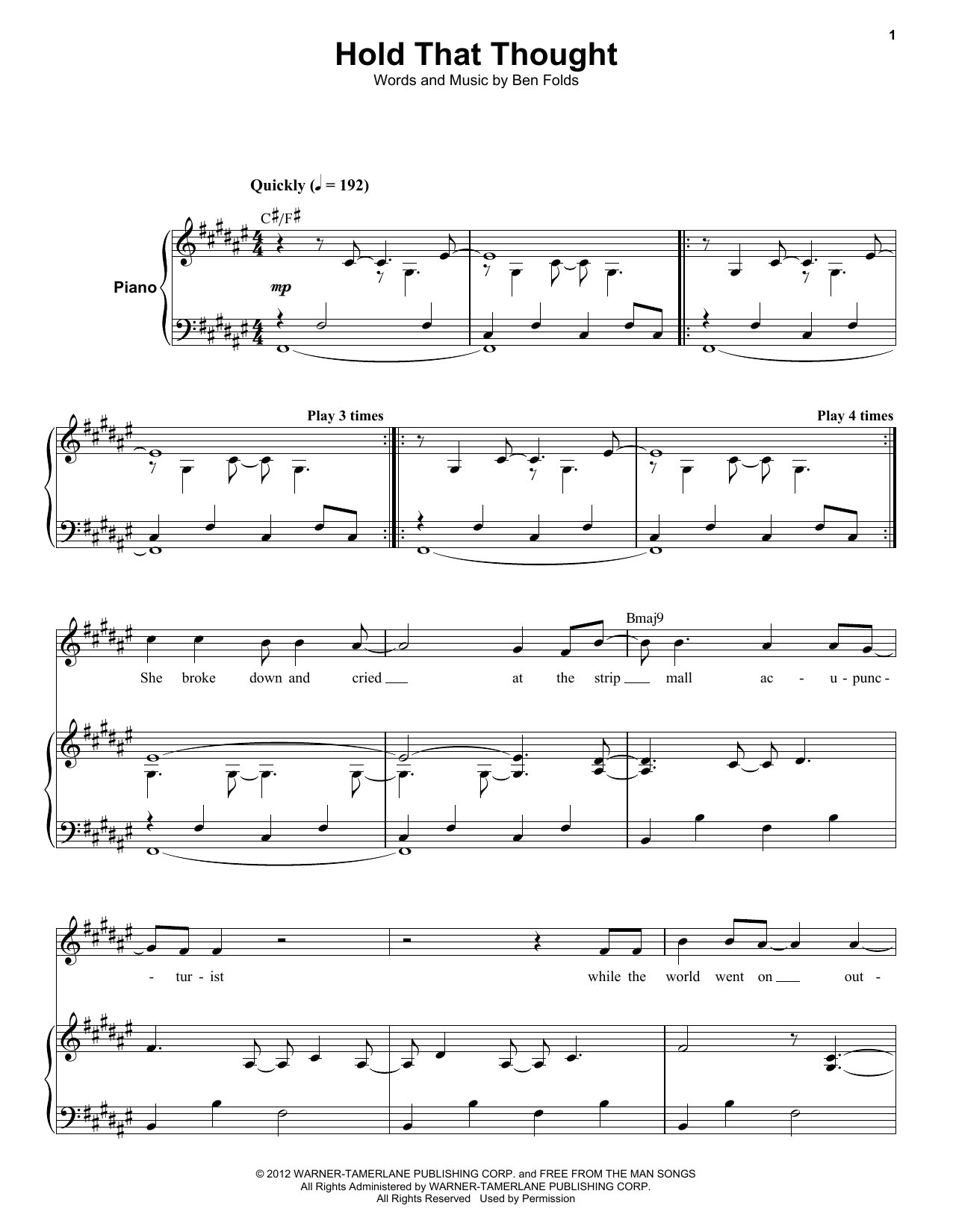 Ben Folds Five Hold That Thought sheet music notes and chords arranged for Keyboard Transcription