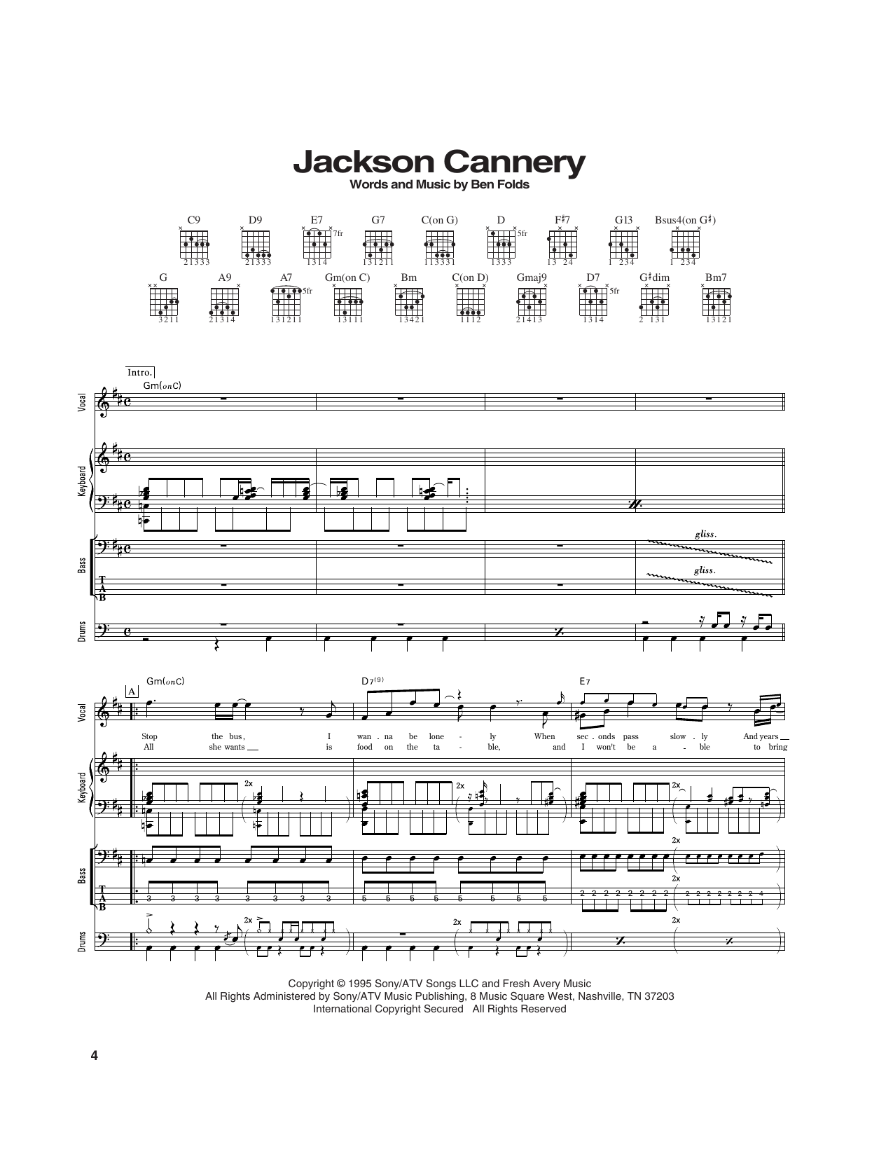 Ben Folds Five Jackson Cannery sheet music notes and chords arranged for Transcribed Score