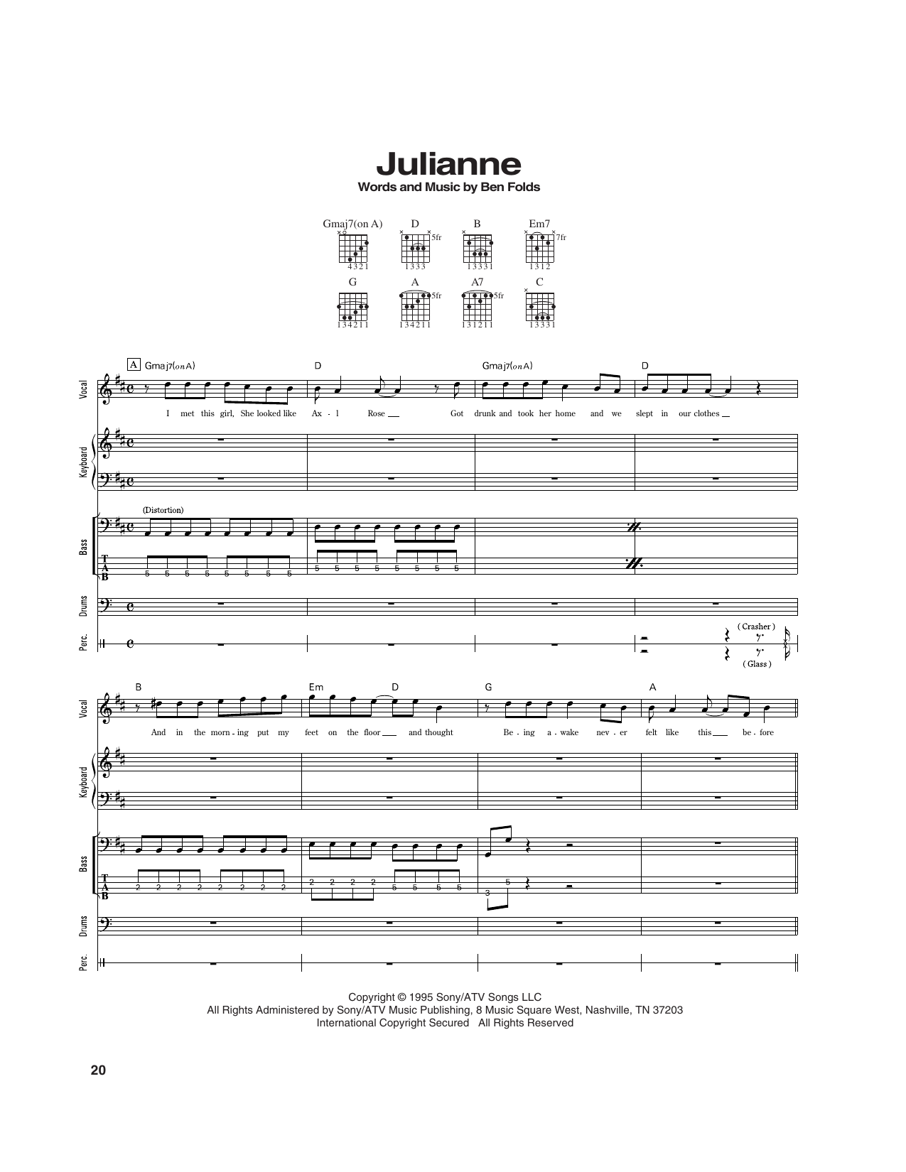 Ben Folds Five Julianne sheet music notes and chords arranged for Transcribed Score