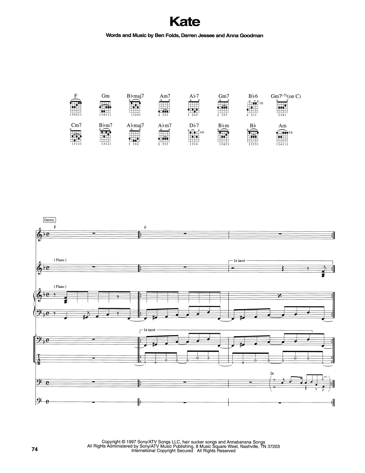 Ben Folds Five Kate sheet music notes and chords arranged for Transcribed Score