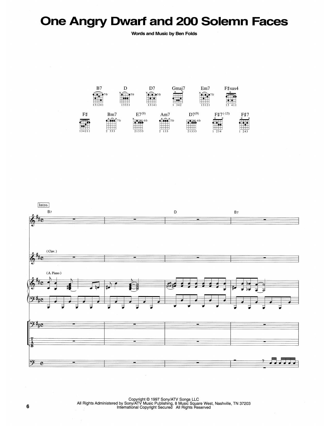 Ben Folds Five One Angry Dwarf and 200 Solemn Faces sheet music notes and chords arranged for Transcribed Score