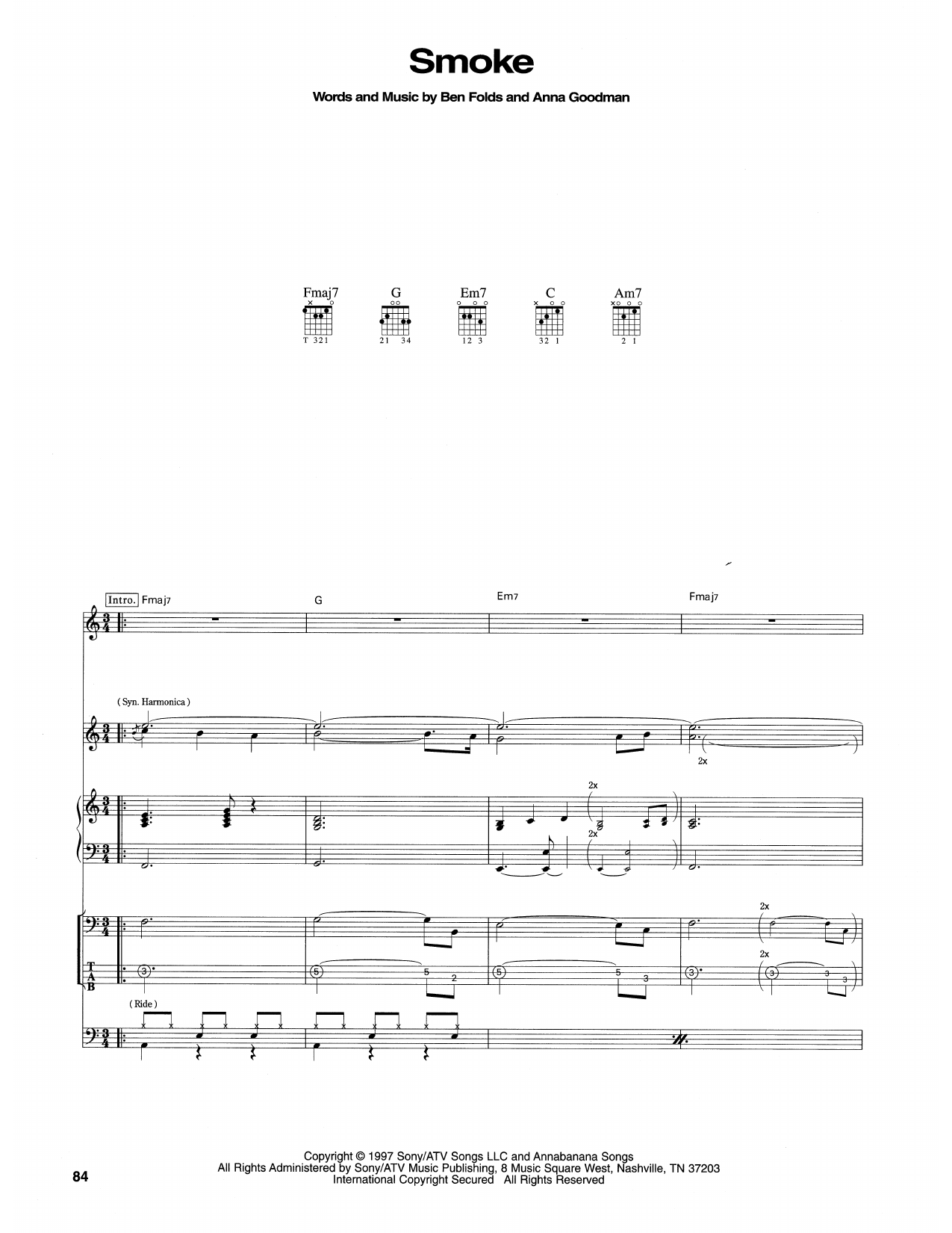 Ben Folds Five Smoke sheet music notes and chords arranged for Transcribed Score