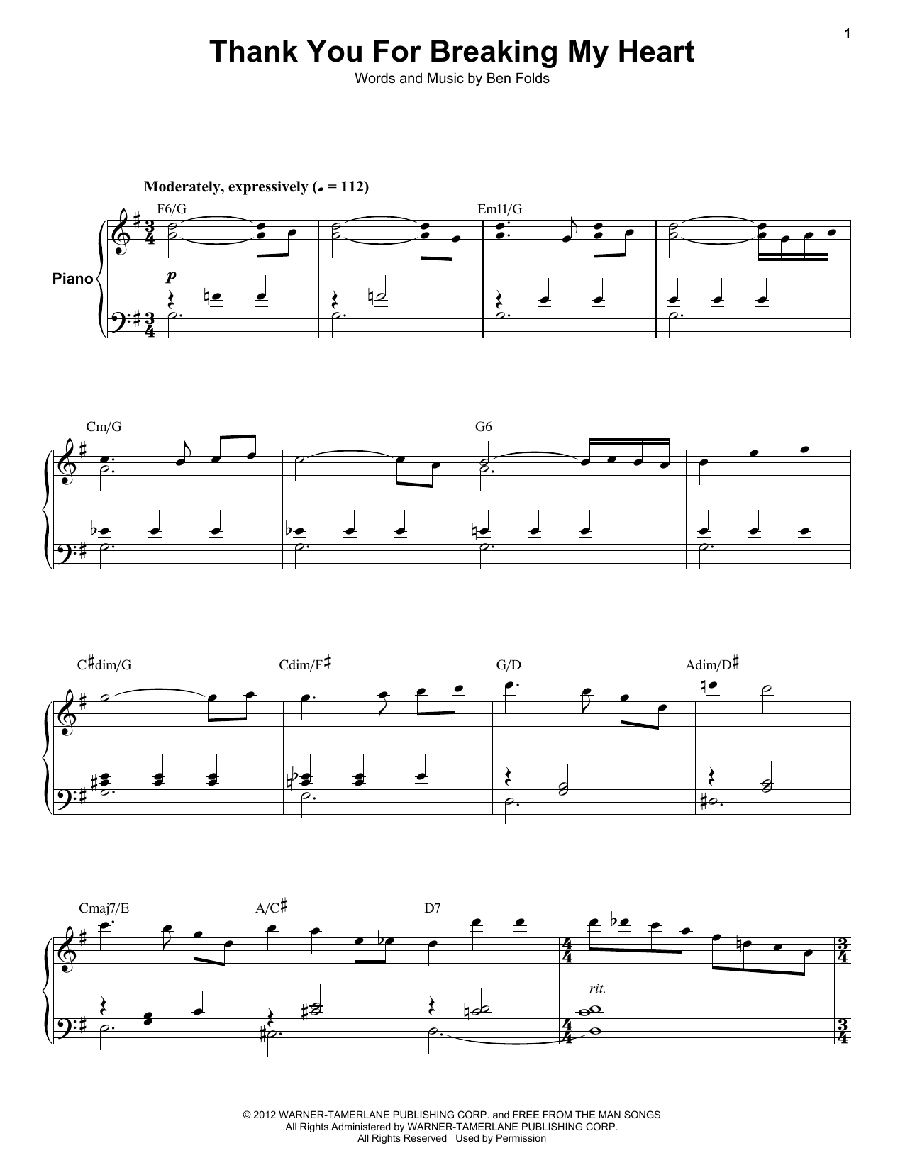 Ben Folds Five Thank You For Breaking My Heart sheet music notes and chords arranged for Keyboard Transcription