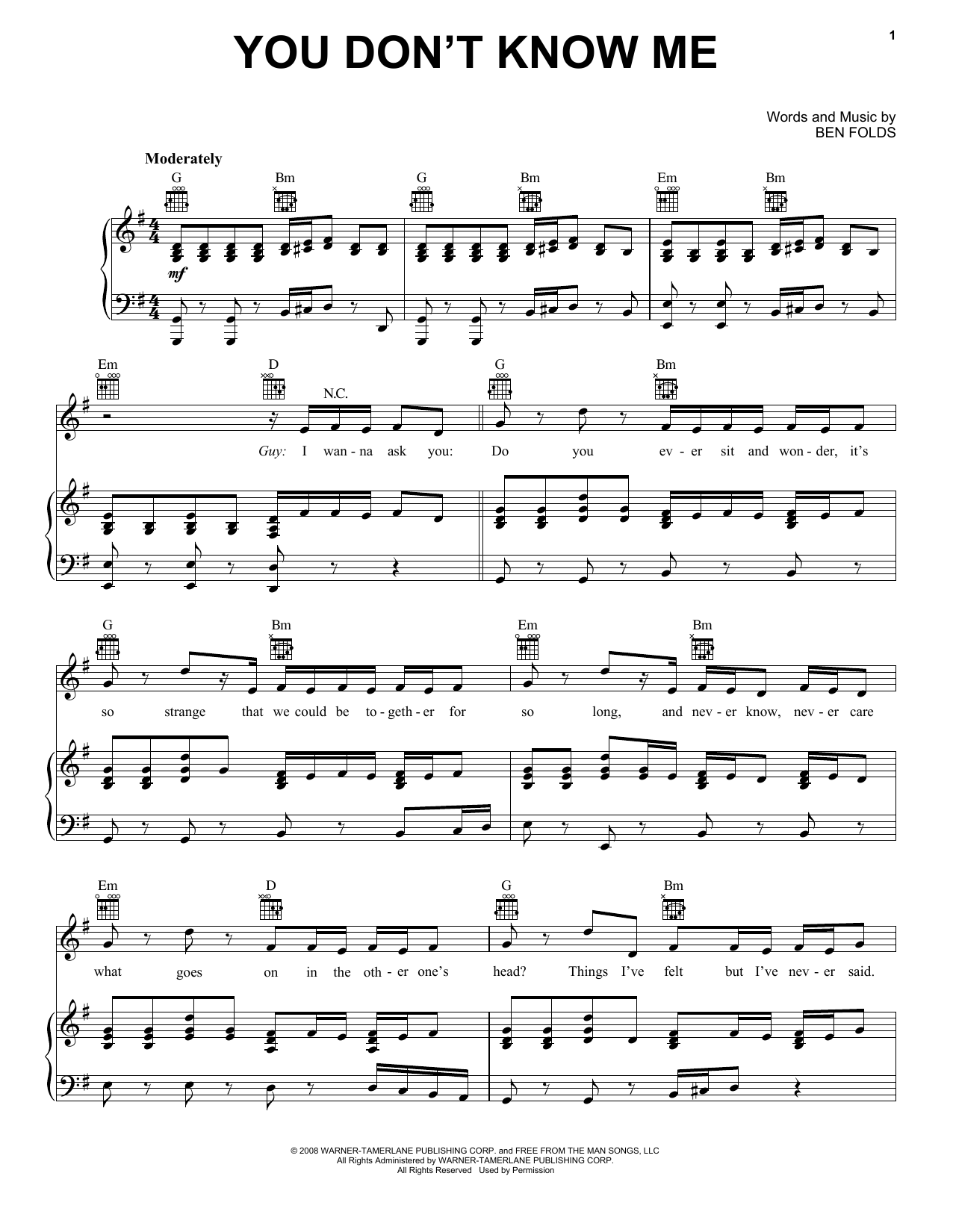 Ben Folds Five You Don't Know Me sheet music notes and chords arranged for Piano, Vocal & Guitar Chords (Right-Hand Melody)