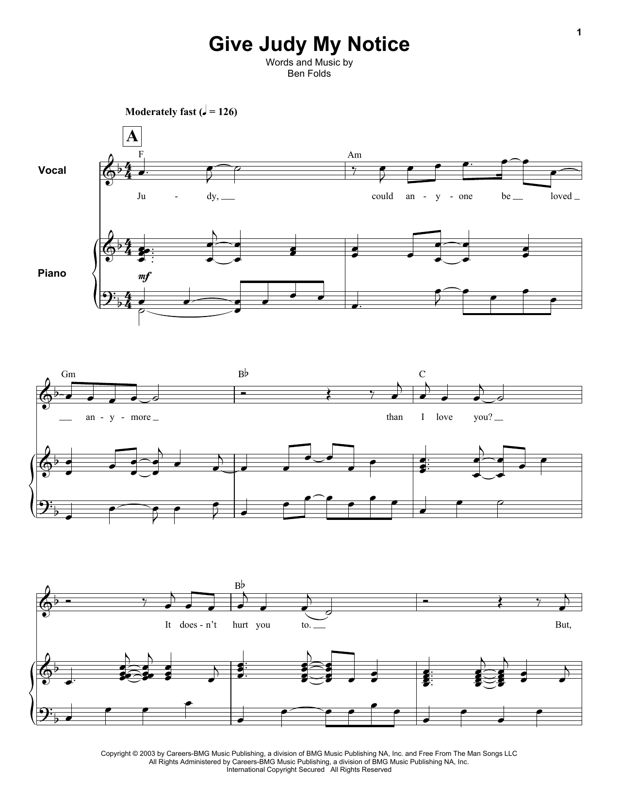 Ben Folds Give Judy My Notice sheet music notes and chords arranged for Keyboard Transcription