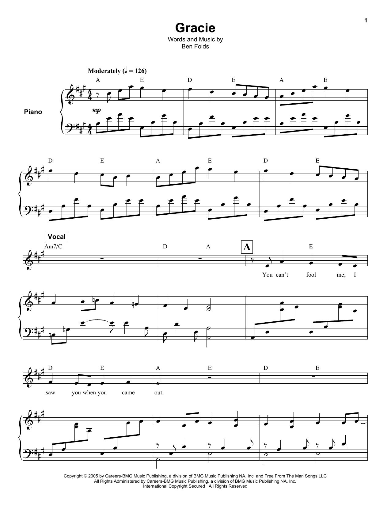 Ben Folds Gracie sheet music notes and chords arranged for Keyboard Transcription