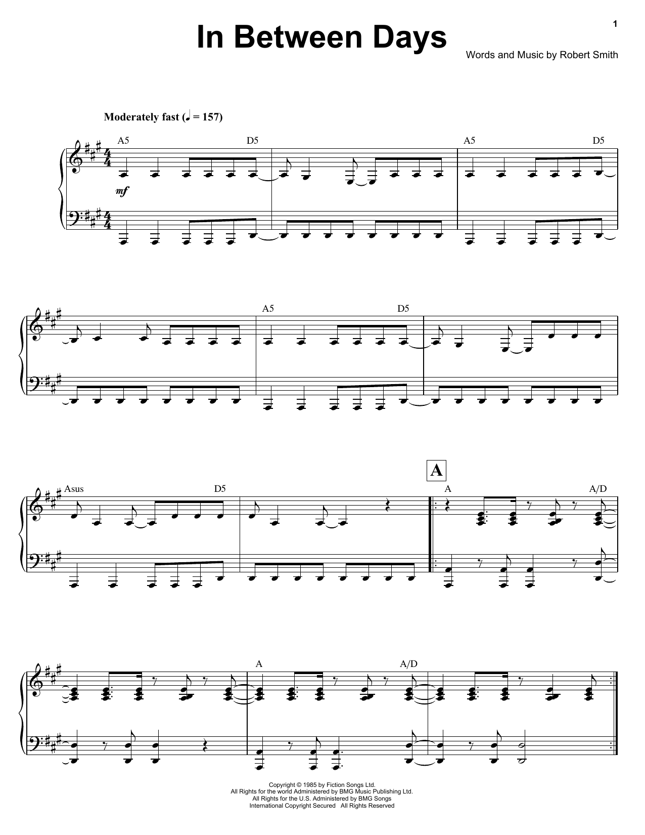 Ben Folds In Between Days sheet music notes and chords arranged for Keyboard Transcription