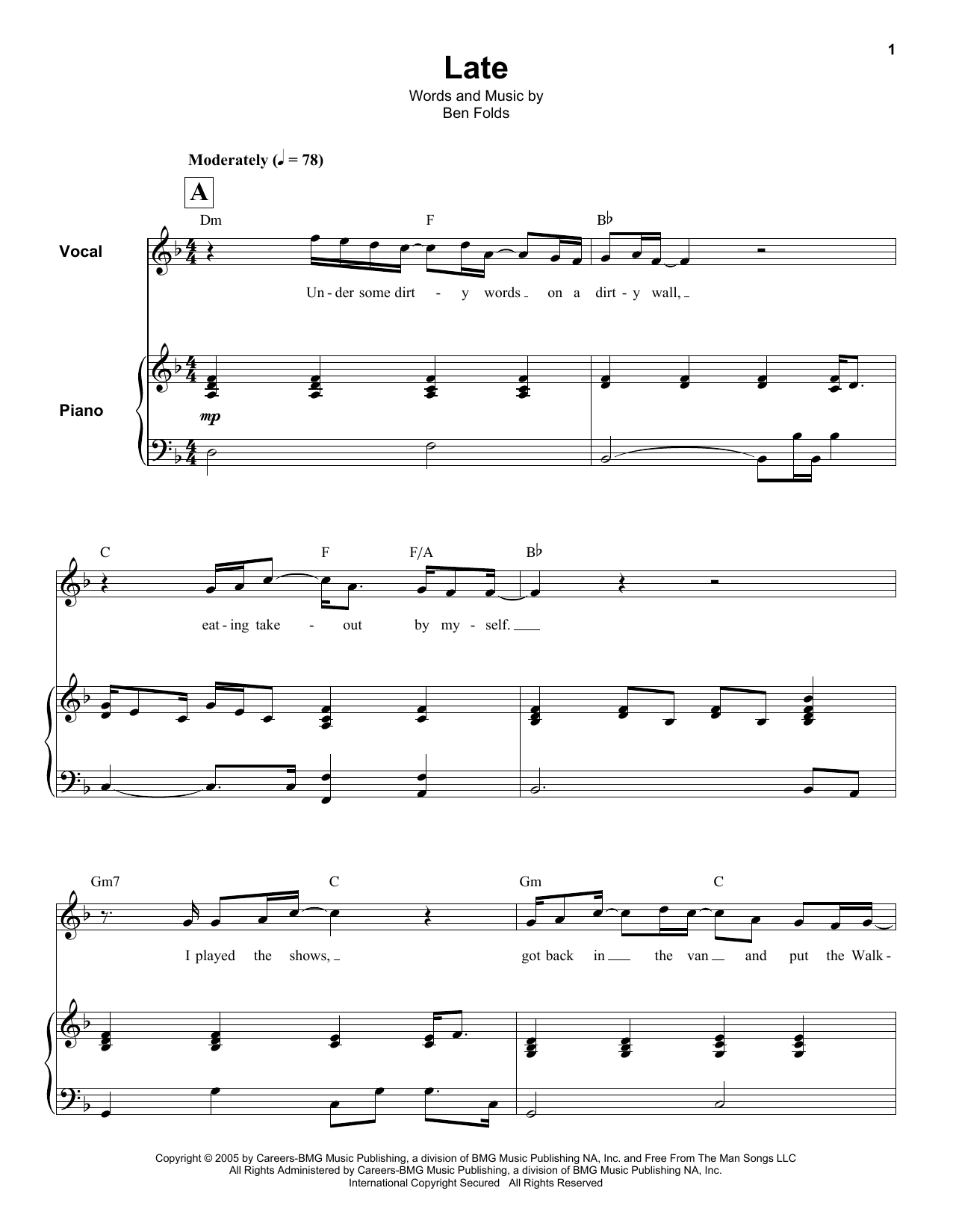 Ben Folds Late sheet music notes and chords arranged for Keyboard Transcription