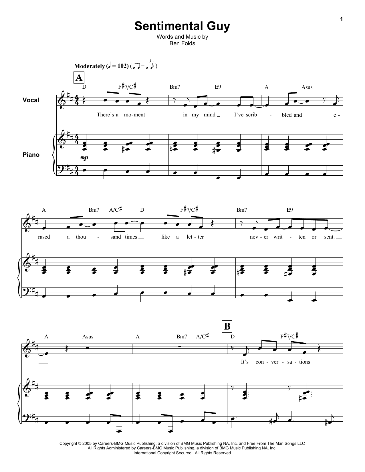 Ben Folds Sentimental Guy sheet music notes and chords arranged for Keyboard Transcription