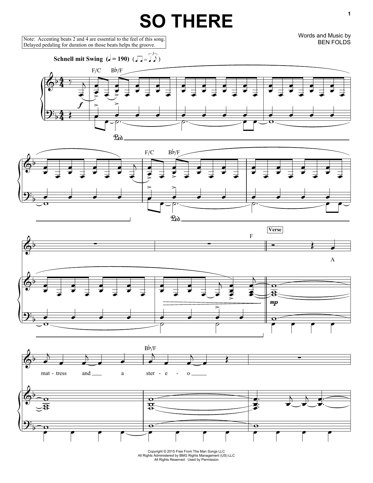 Ben Folds So There sheet music notes and chords arranged for Piano & Vocal
