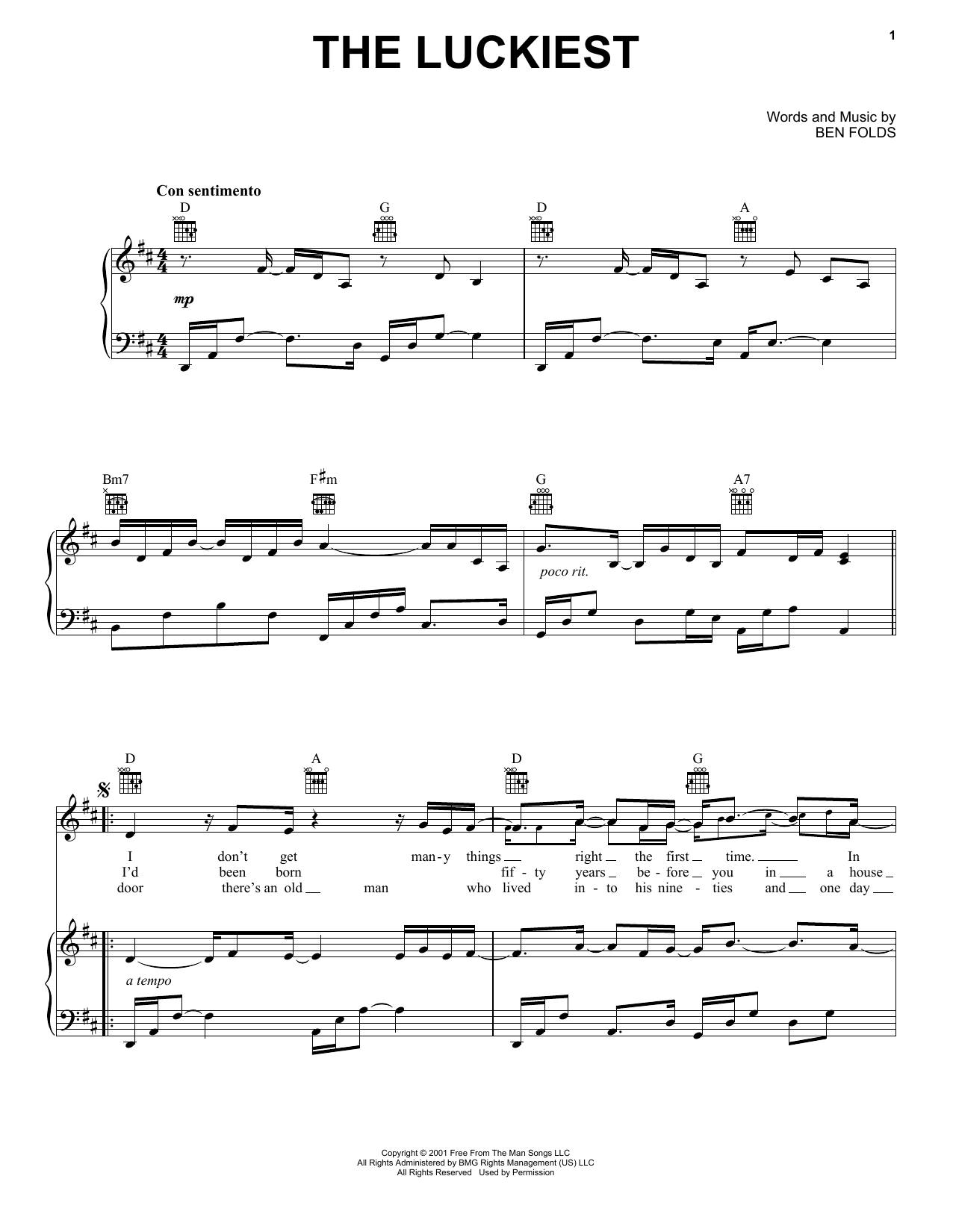 Ben Folds The Luckiest sheet music notes and chords arranged for Piano Solo