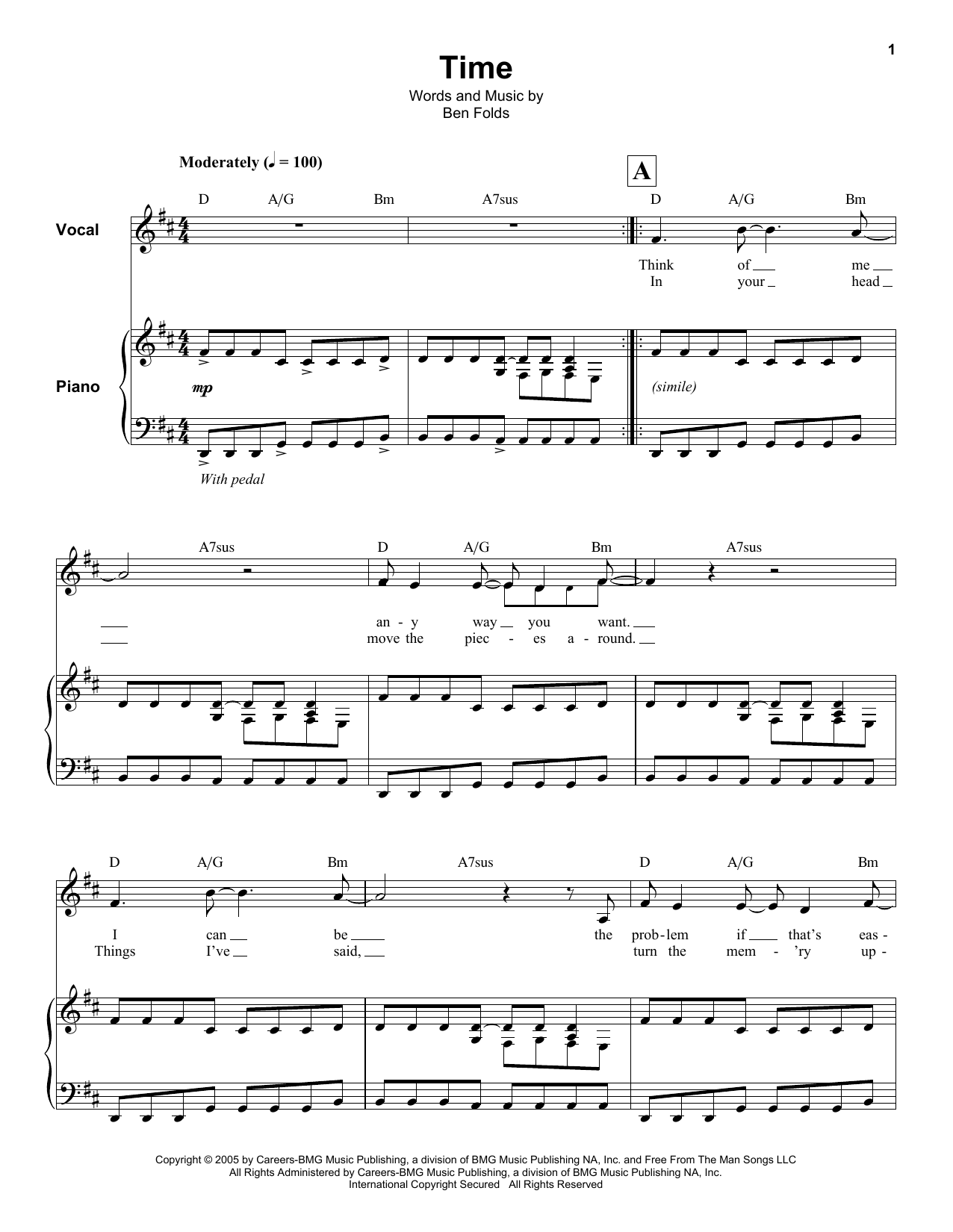 Ben Folds Time sheet music notes and chords arranged for Keyboard Transcription