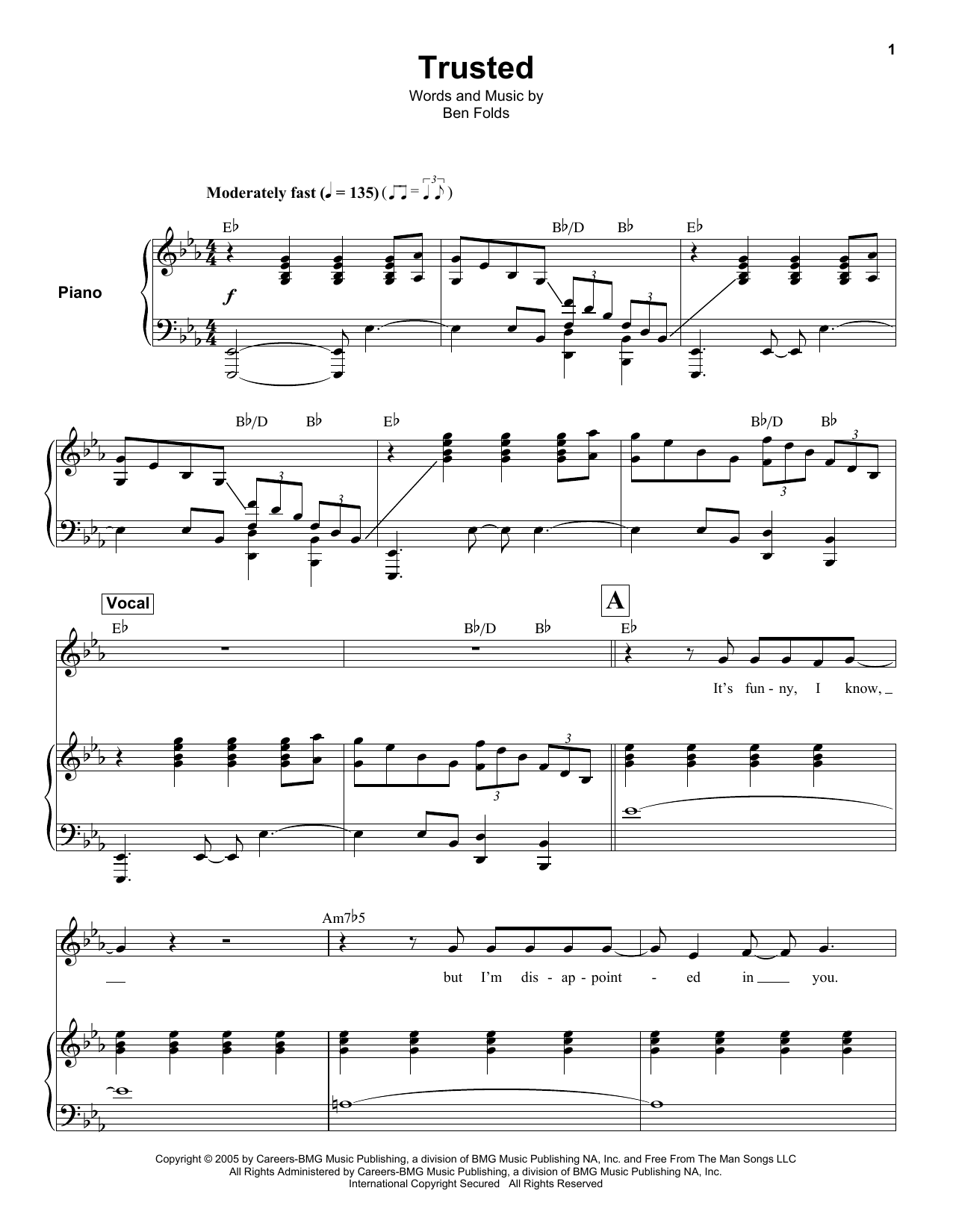 Ben Folds Trusted sheet music notes and chords arranged for Keyboard Transcription
