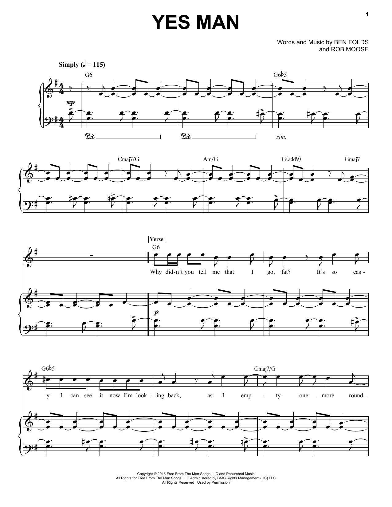 Ben Folds Yes Man sheet music notes and chords arranged for Piano & Vocal