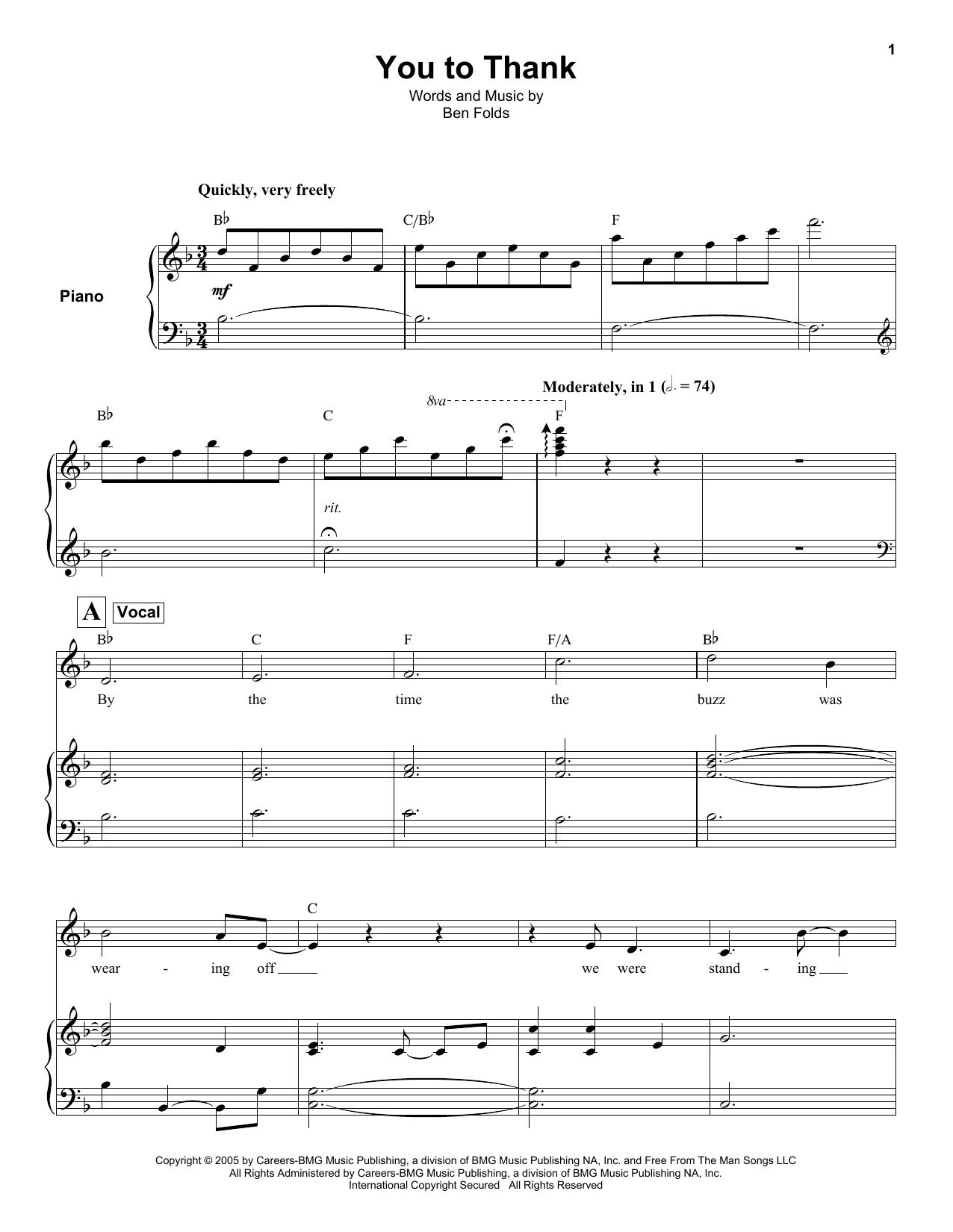 Ben Folds You To Thank sheet music notes and chords arranged for Keyboard Transcription