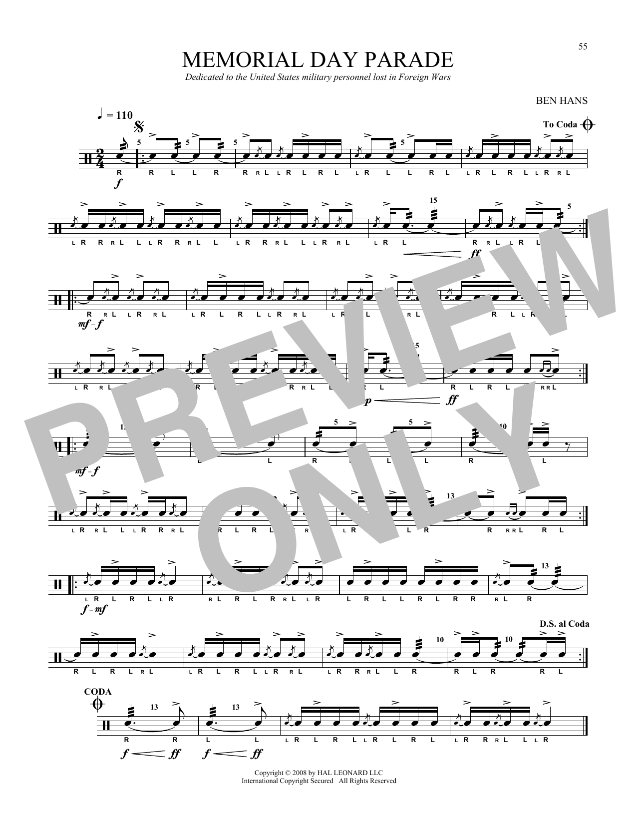 Ben Hans Memorial Day Parade sheet music notes and chords arranged for Snare Drum Solo