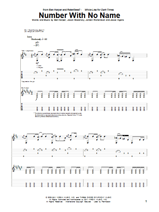 Ben Harper and Relentless7 Number With No Name sheet music notes and chords arranged for Guitar Tab