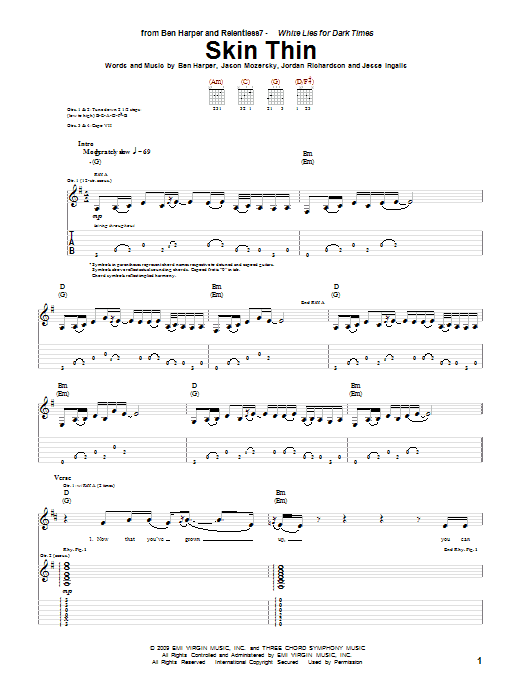 Ben Harper and Relentless7 Skin Thin sheet music notes and chords arranged for Guitar Tab