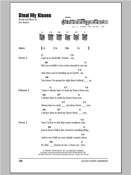 Ben Harper And The Innocent Criminals Steal My Kisses sheet music notes and chords arranged for Guitar Tab (Single Guitar)