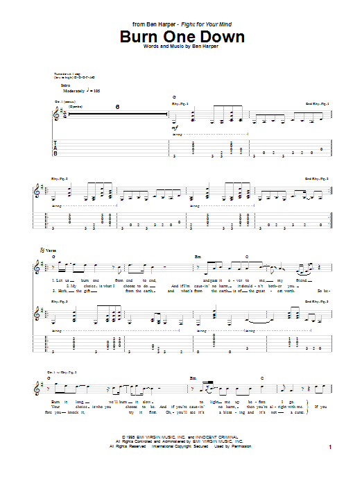 Ben Harper Burn One Down sheet music notes and chords arranged for Easy Guitar