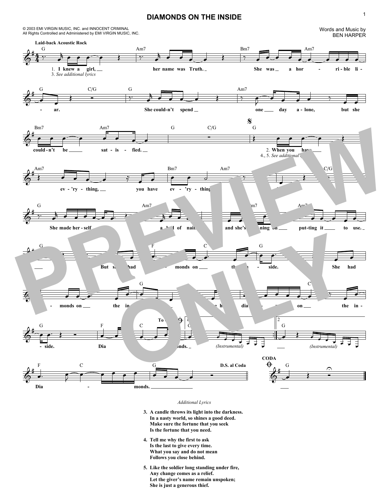 Ben Harper Diamonds On The Inside sheet music notes and chords arranged for Lead Sheet / Fake Book