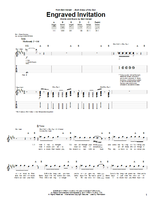 Ben Harper Engraved Invitation sheet music notes and chords arranged for Guitar Tab