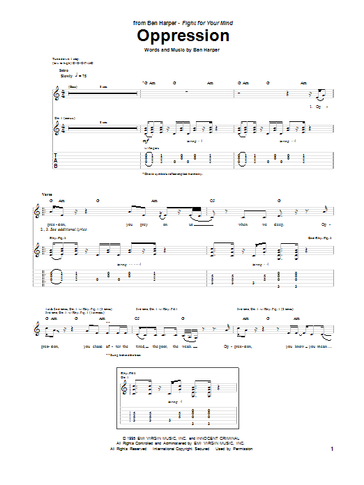 Ben Harper Oppression sheet music notes and chords arranged for Guitar Tab