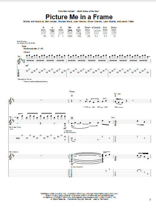 Ben Harper Picture Me In A Frame sheet music notes and chords arranged for Guitar Tab