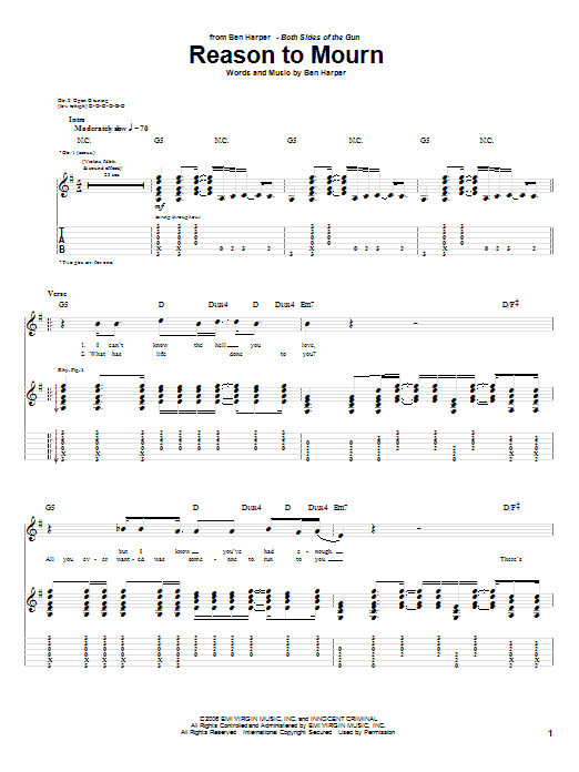 Ben Harper Reason To Mourn sheet music notes and chords arranged for Guitar Tab