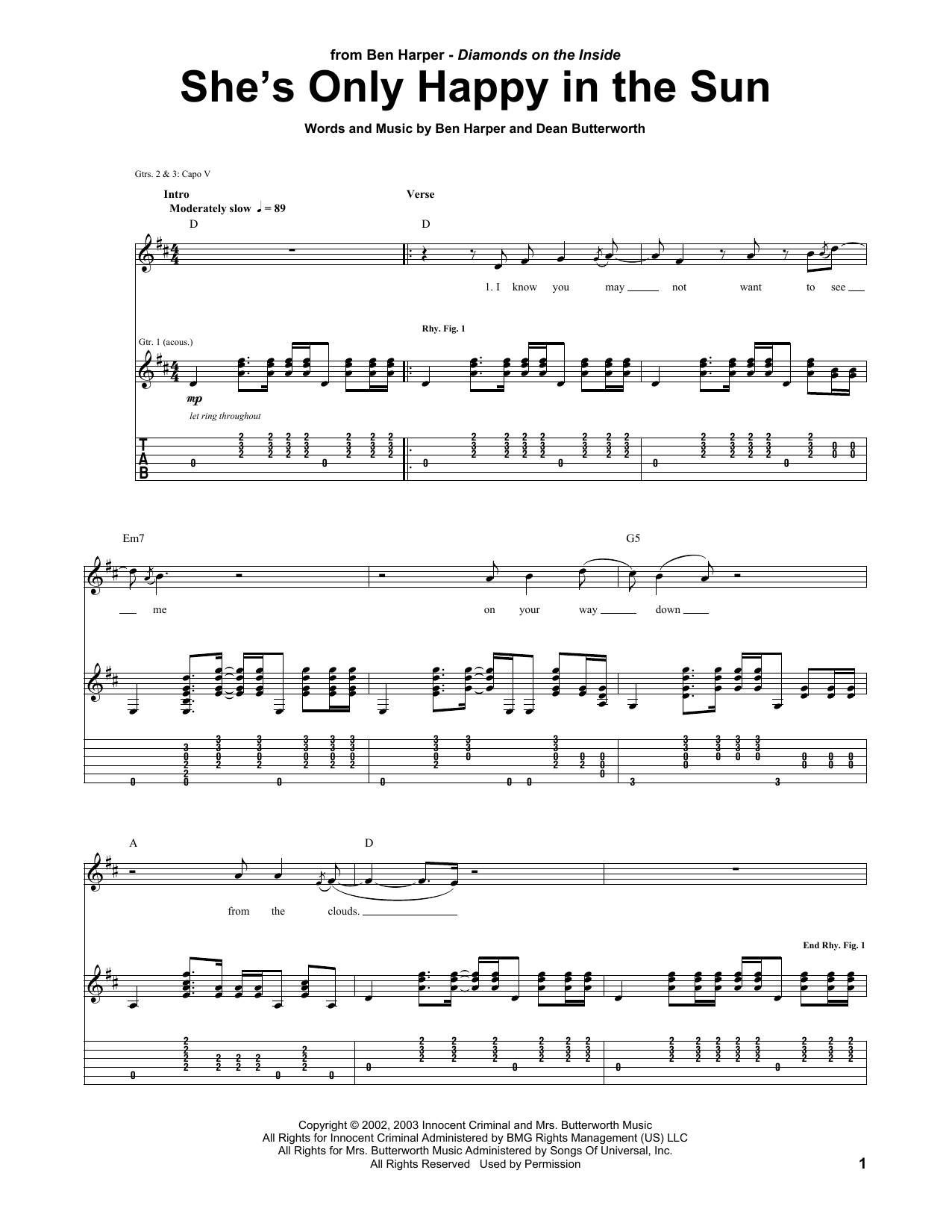 Ben Harper She's Only Happy In The Sun sheet music notes and chords arranged for Guitar Tab